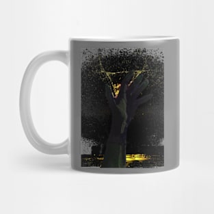 Digital collage and special processing. Hand reaching stars. Monster or great friend. Gold drops, dark hand. Mug